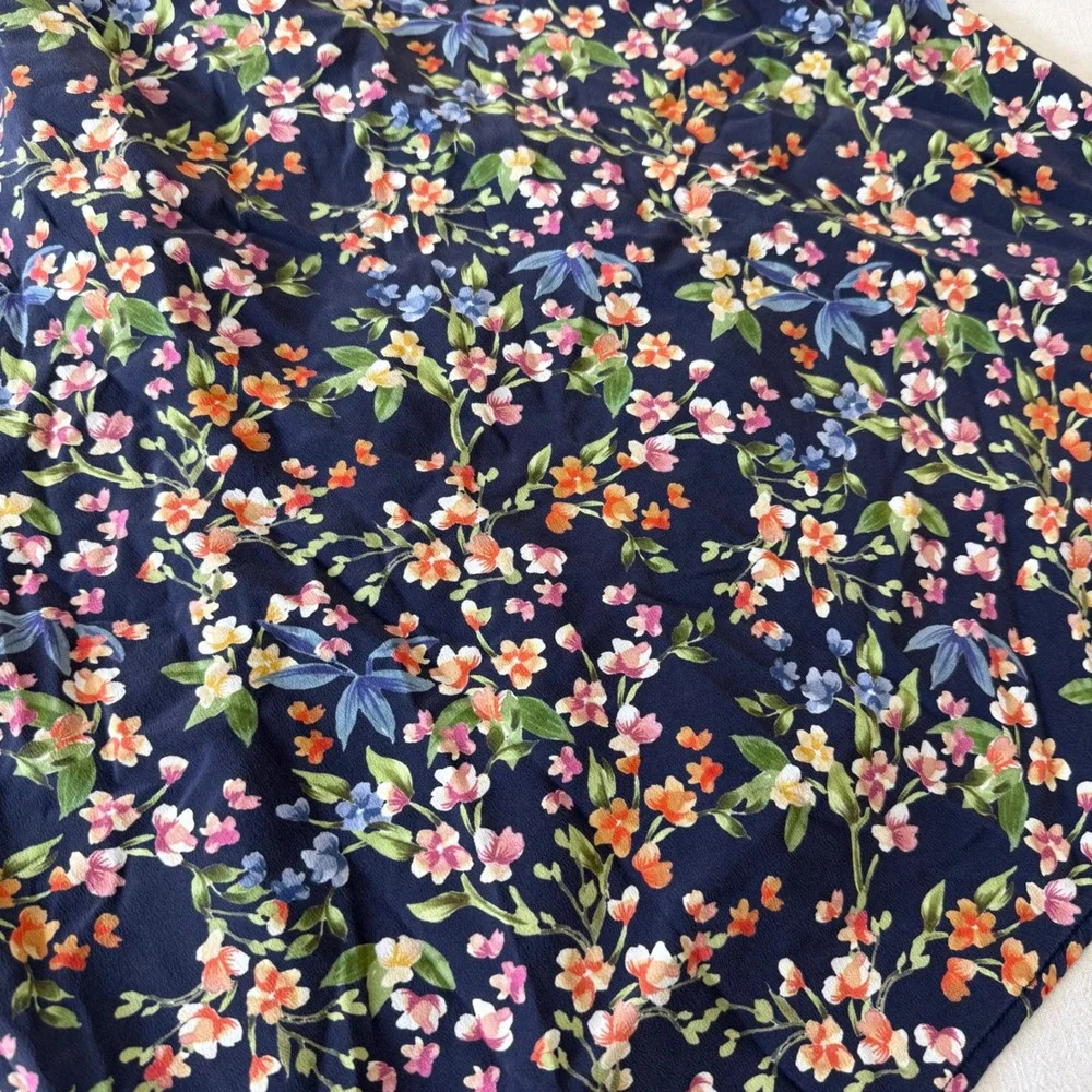 Jade Johnny Was Navy Floral 100%‎ Silk Puff Sleeve Tie Neck Blouse Small
